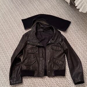 Theory Black Leather Bomber Jacket